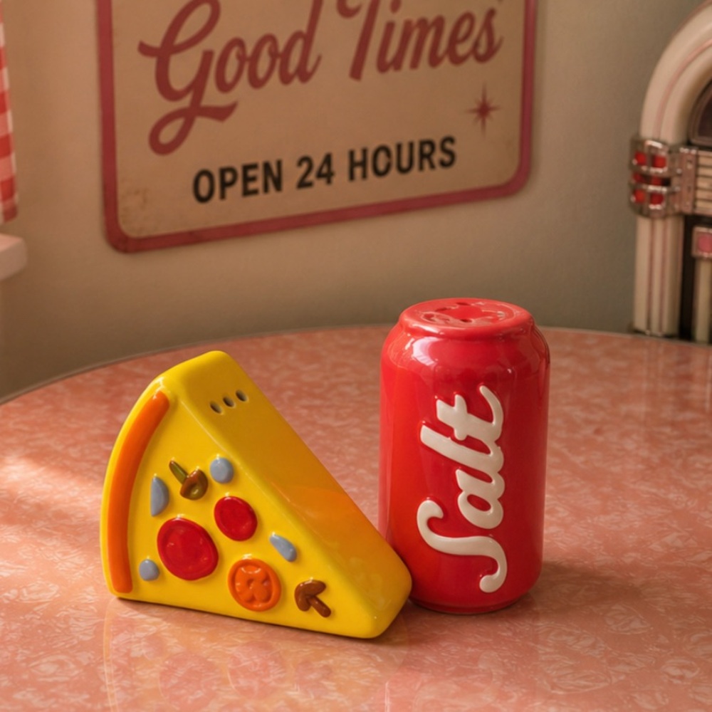 Retro Pizza Slice and soda, Salt snd pepper Set - Yellow & Red